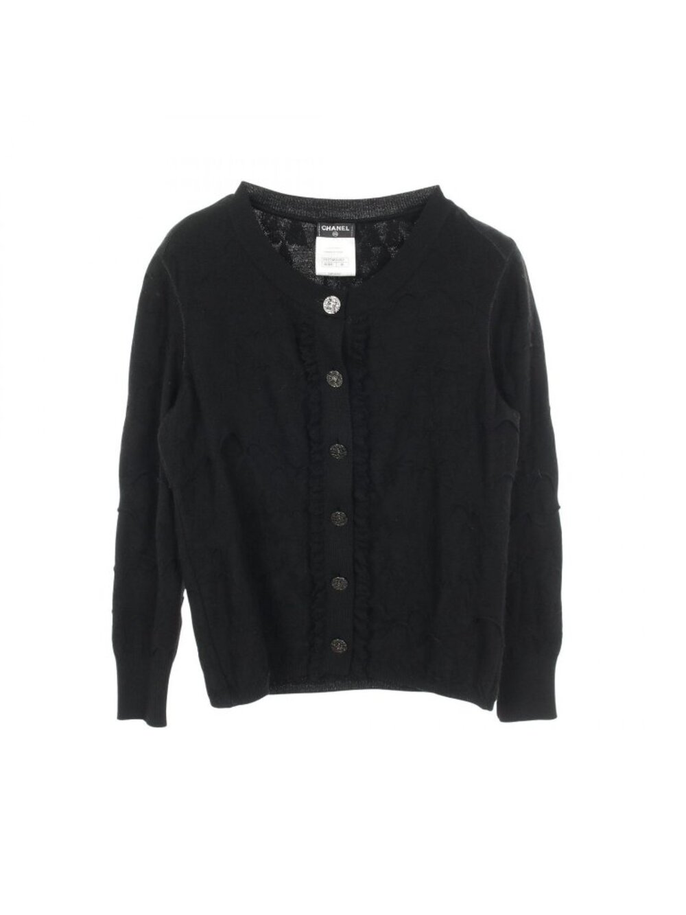 Chanel Cardigan CC Logo Button Frill Black Wool